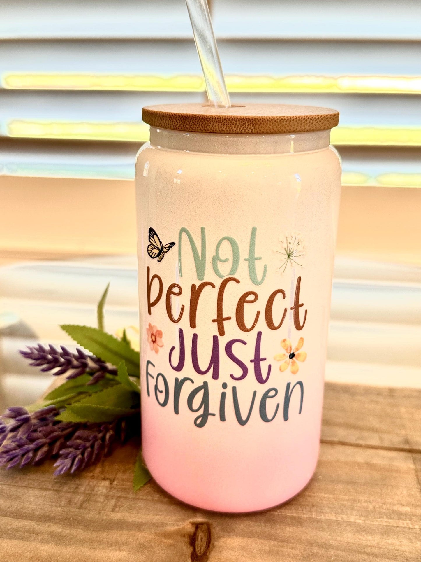 Not Perfect But Forgiven; Pink and White Iridescent Glitter 16oz Glass Cup Tumbler; Ice Coffee Cup; Christian Gift: Stylish Tumbler