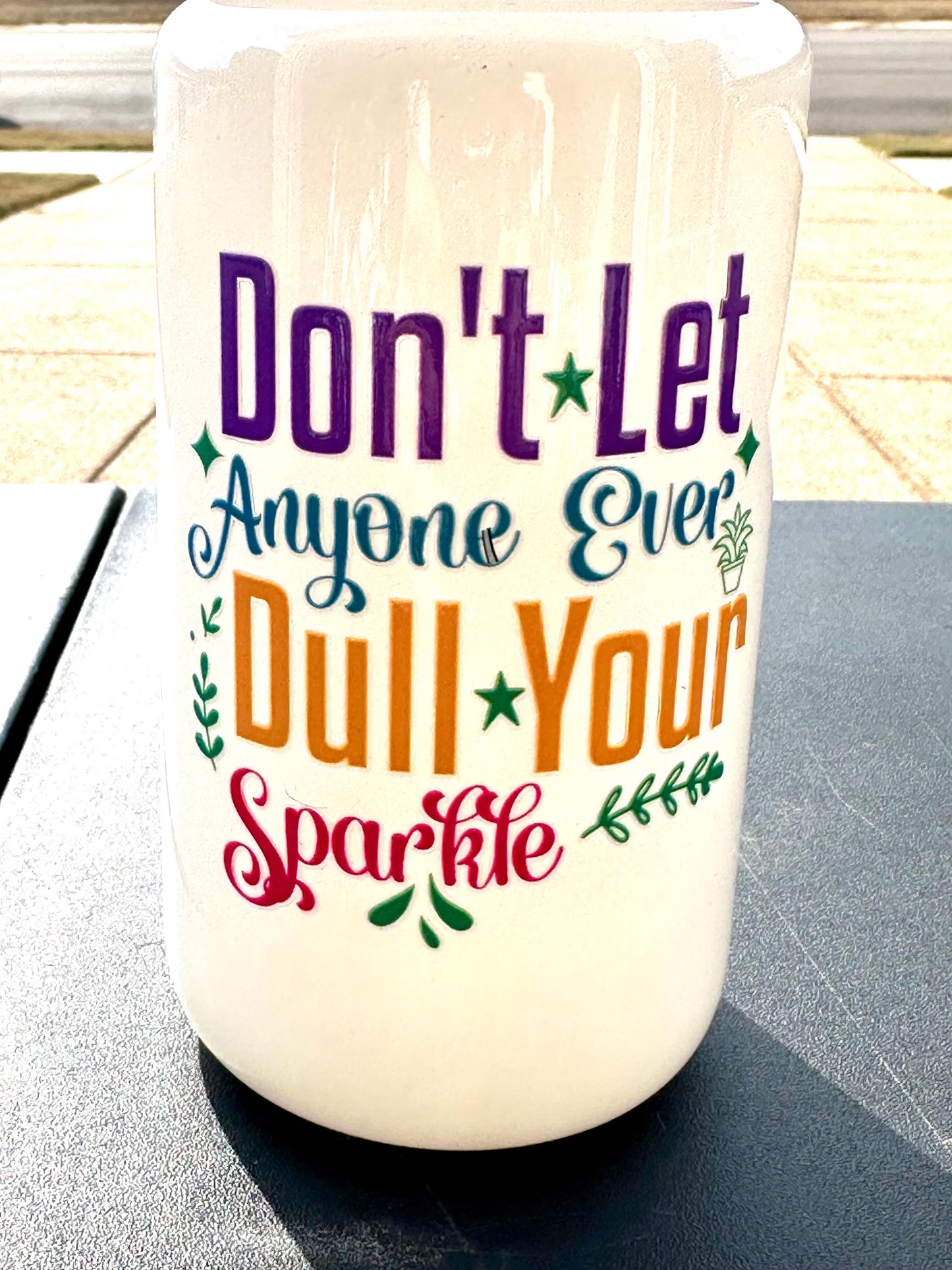 16oz Glass Inspirational Tumbler with Bamboo Lid; “Don’t Let Anyone Ever Dull Your Sparkle” Iced Coffee Cup Motivational Water Bottle Gift