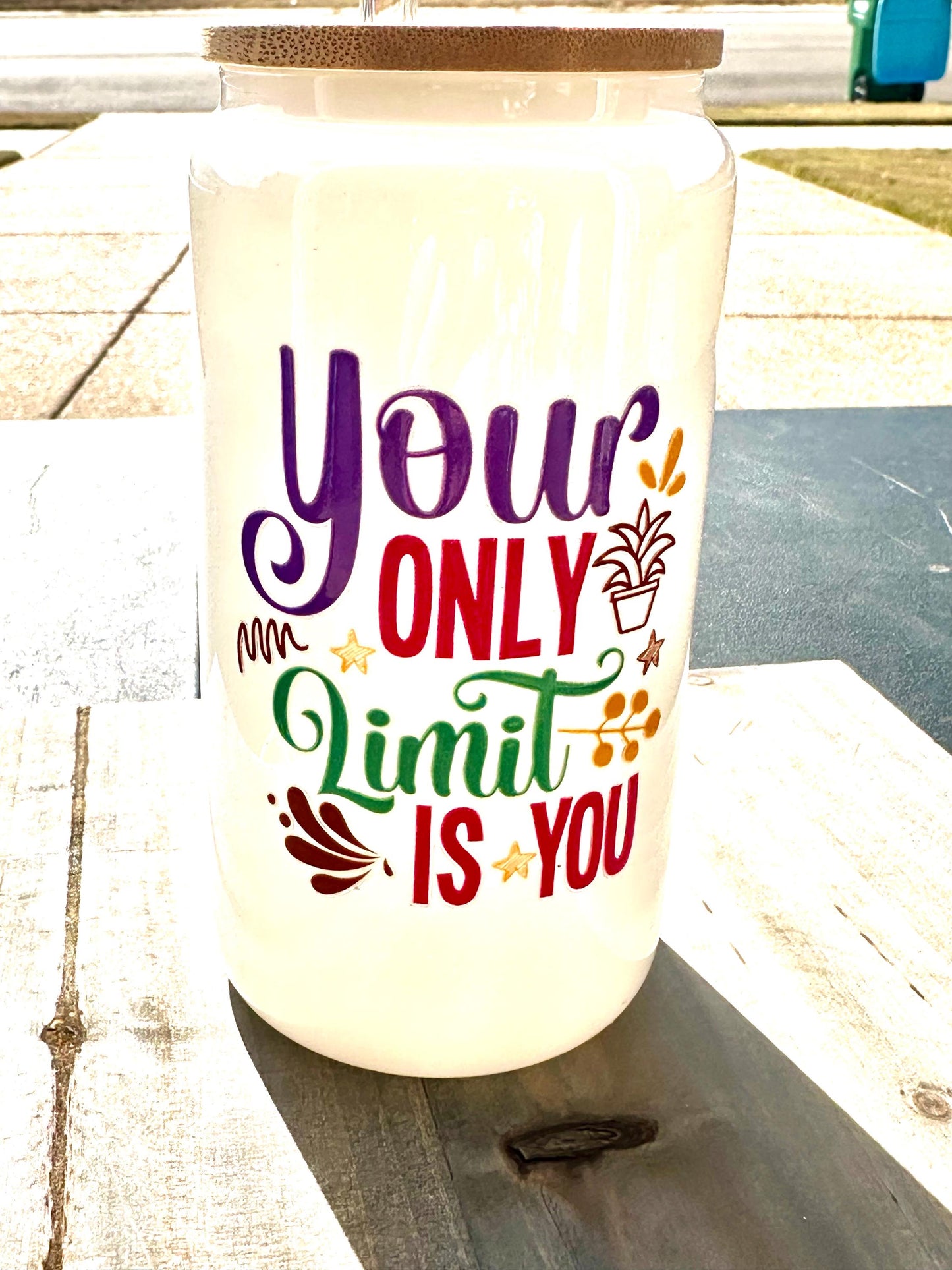 16oz Glass Inspirational Tumbler with Bamboo Lid; “Your Only Limit is You” Quote; Iced Coffee Cup Motivational Water Bottle Gift for Her