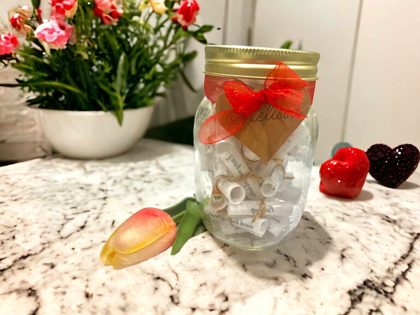 Jar of Love; 30 Scrolls of Beautiful Messages of Love for a Special Someone on Valentine’s Day, Birthday, or Any Gift. Free Personalization