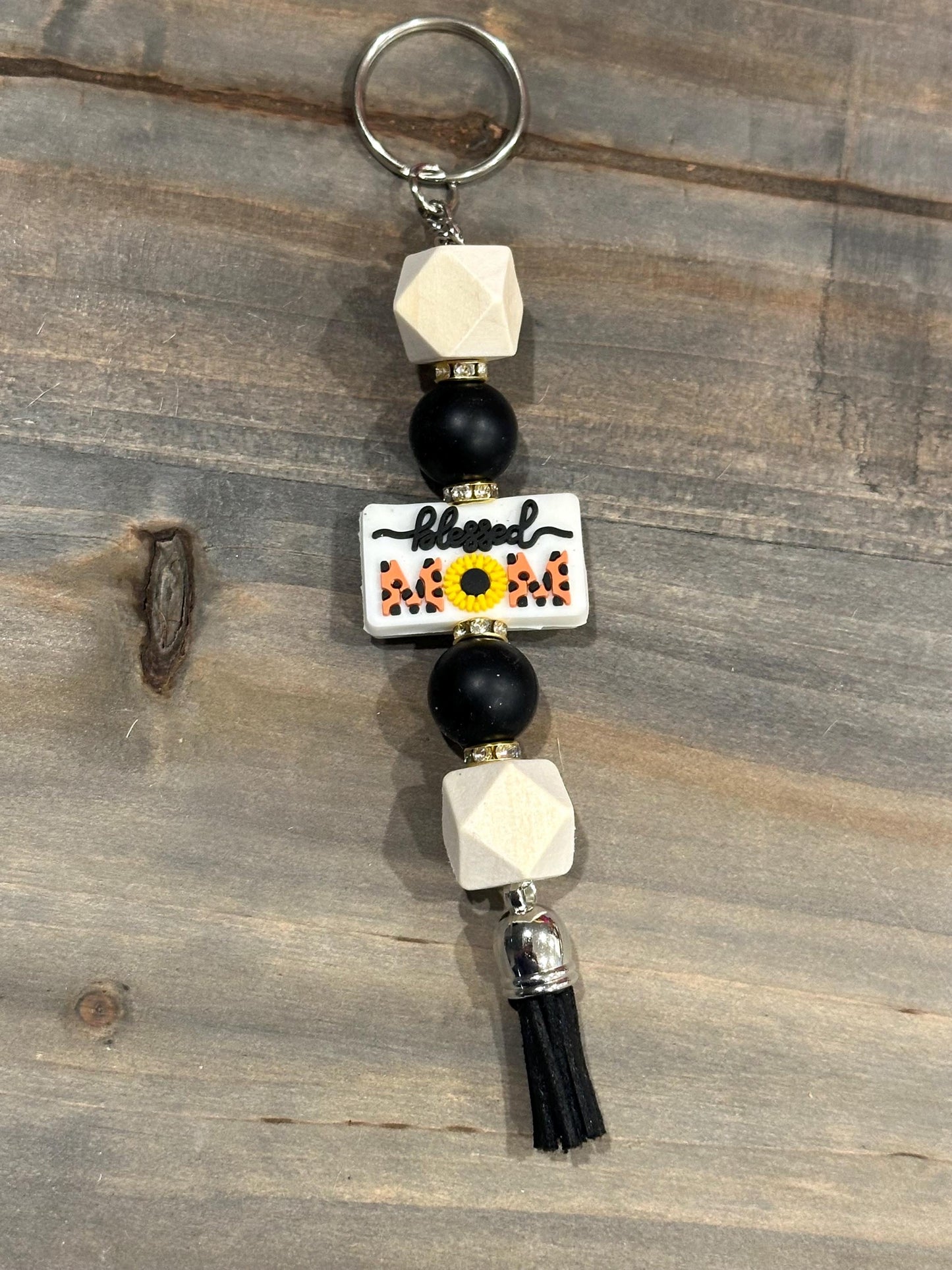 Blessed Mom Silicone Bead Keychain - Cow Print; Cute Inspirational Gift