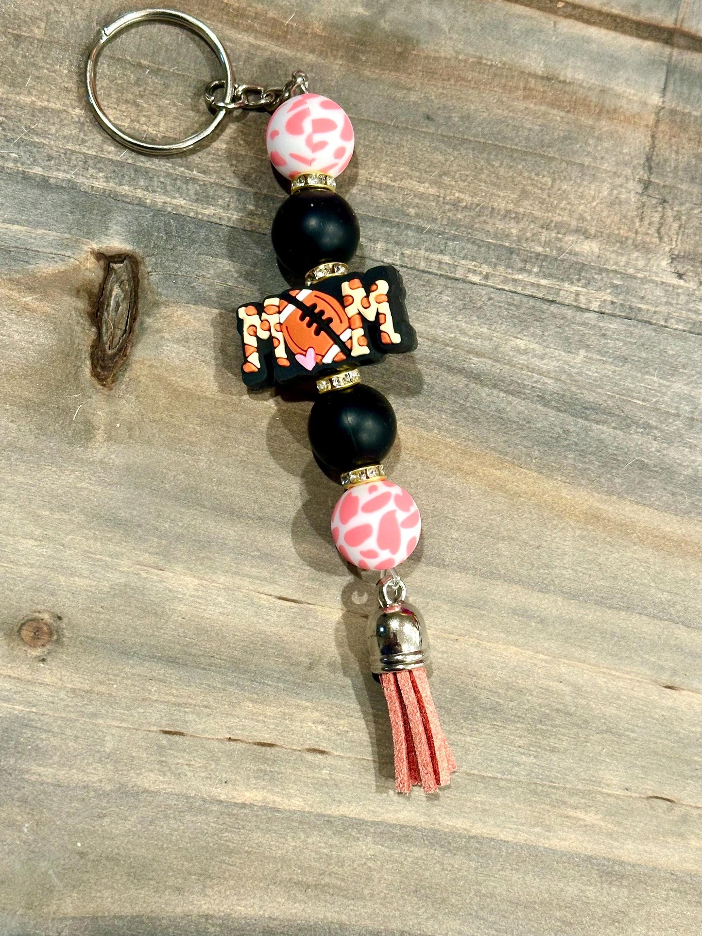 Football Mom Silicone Bead Keychain - Cow Print; Cute Inspirational Gift