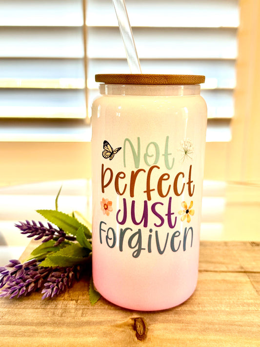 Not Perfect But Forgiven; Pink and White Iridescent Glitter 16oz Glass Cup Tumbler; Ice Coffee Cup; Christian Gift: Stylish Tumbler