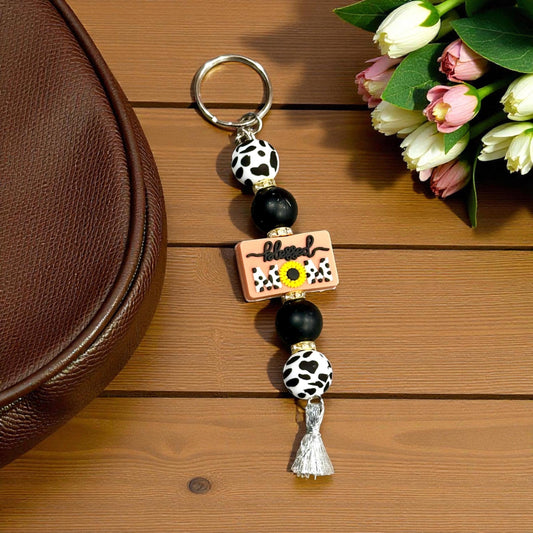 Blessed Mom Silicone Bead Keychain -  Cow Print; Cute Inspirational Gift