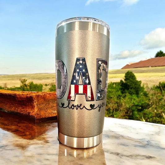 Dad in Patriotic and Military Print Stainless Steal 20oz Tumbler; Coffee Cup; Stylish Cup; Motivational Gift; Dad Gift