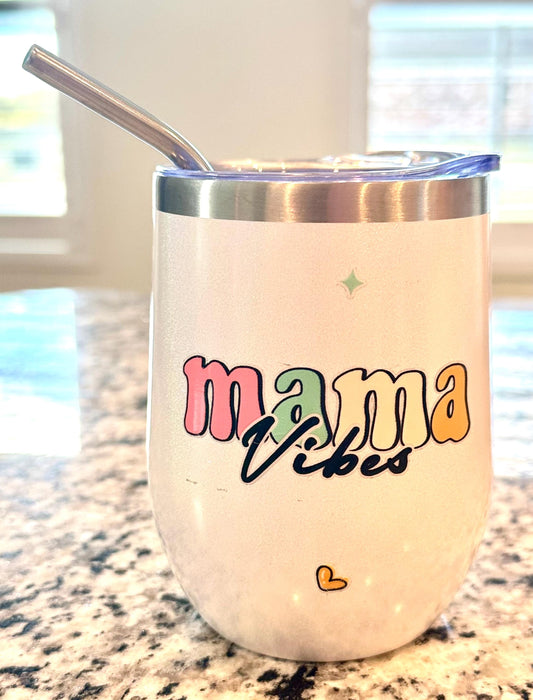 Mama Vibes w/Beautiful Mama Silhouette on Back,White Glitter Wine Tumbler; Coffee Cup; Stylish Cup; Motivational Gift; Inspirational Tumbler
