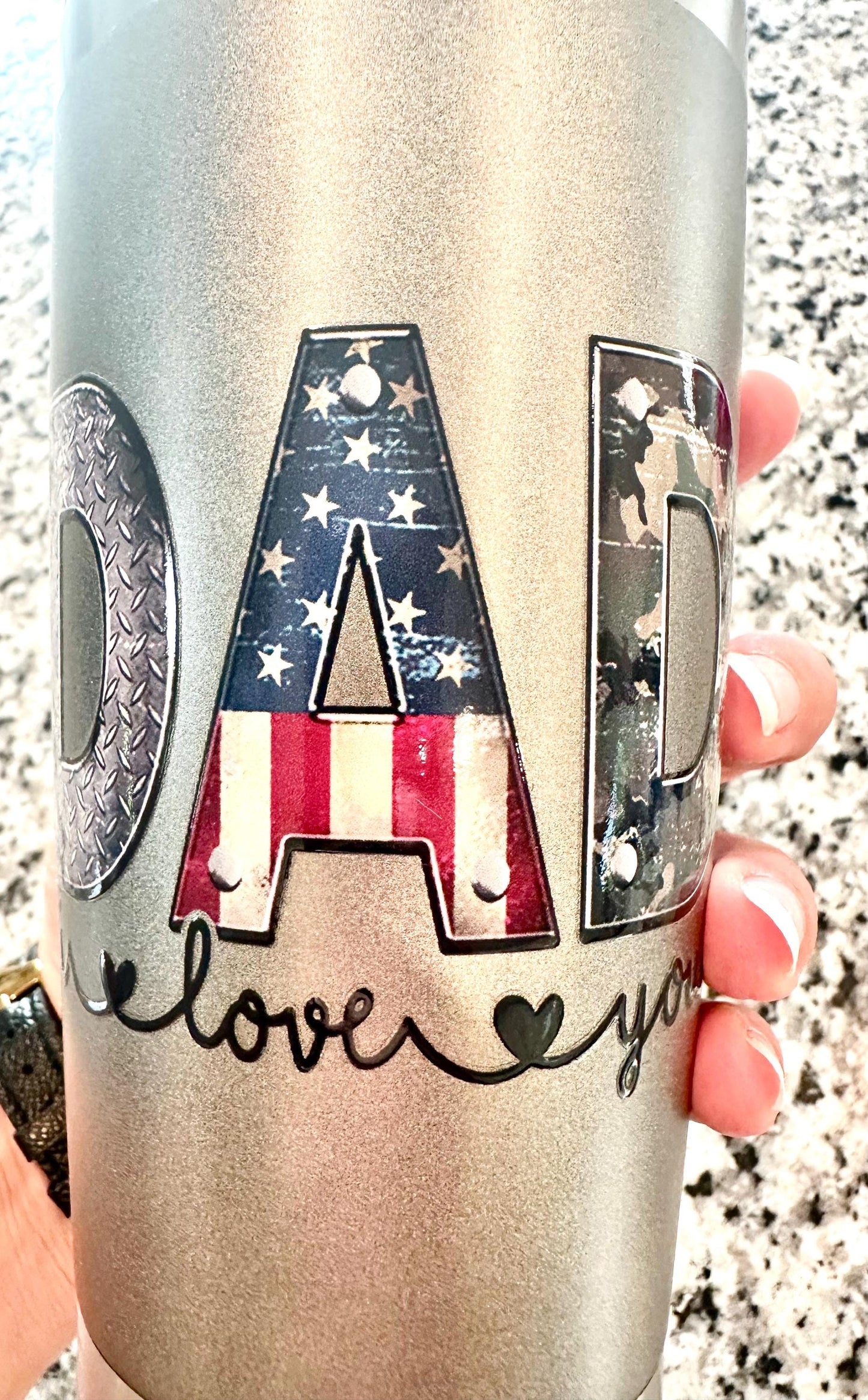 Dad in Patriotic and Military Print Stainless Steal 20oz Tumbler; Coffee Cup; Stylish Cup; Motivational Gift; Dad Gift