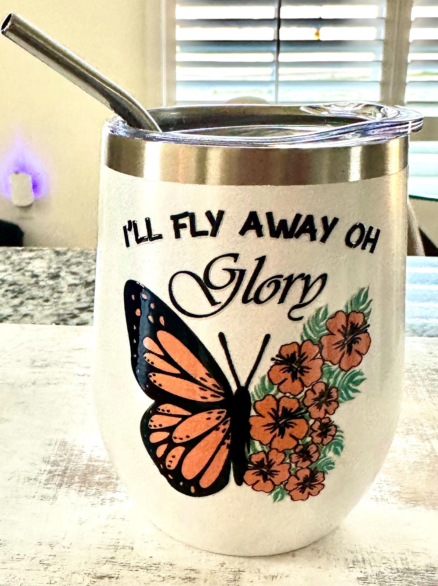 I’ll Fly Away Oh Glory White Glitter Wine Tumbler; Coffee Cup; Stylish Cup; Motivational Gift; Inspirational Tumbler; Christian Gift