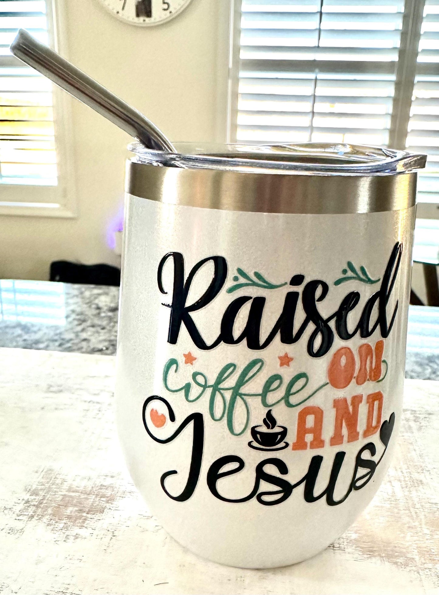 Raised on Coffee and Jesus White Glitter Wine Tumbler; Coffee Cup; Stylish Cup; Motivational Gift; Inspirational Tumbler; Christian Gift