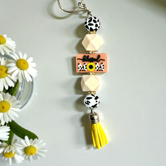 Blessed Mom Silicone Bead Keychain -  Cow Print; Cute Inspirational Gift