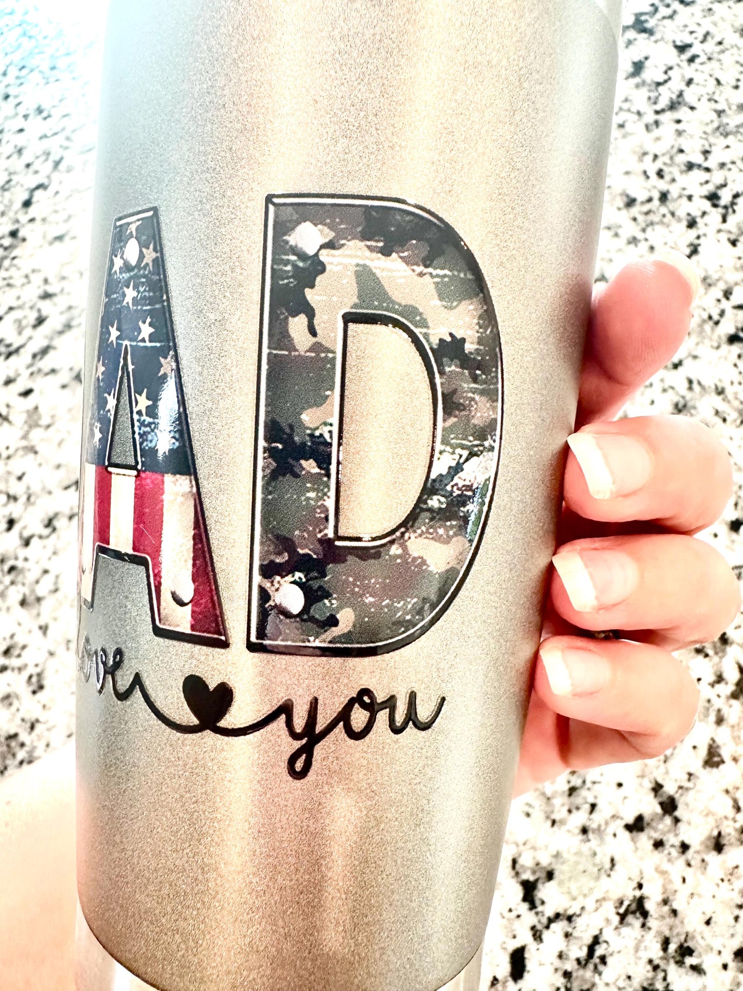 Dad in Patriotic and Military Print Stainless Steal 20oz Tumbler; Coffee Cup; Stylish Cup; Motivational Gift; Dad Gift