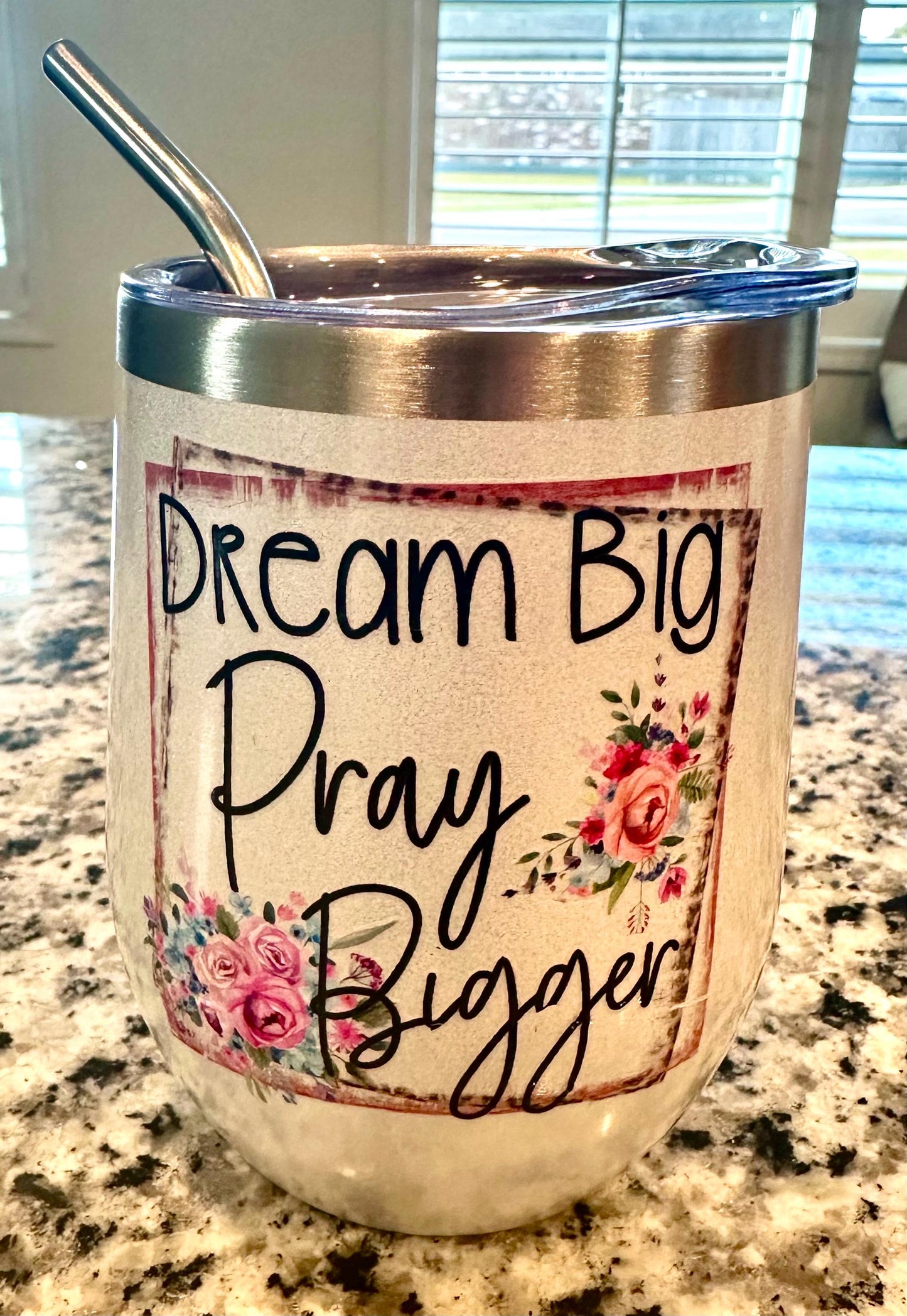 Dream Big Pray Bigger White Glitter Wine Tumbler; Coffee Cup; Stylish Cup; Motivational Gift; Inspirational Tumbler; Christian Gift