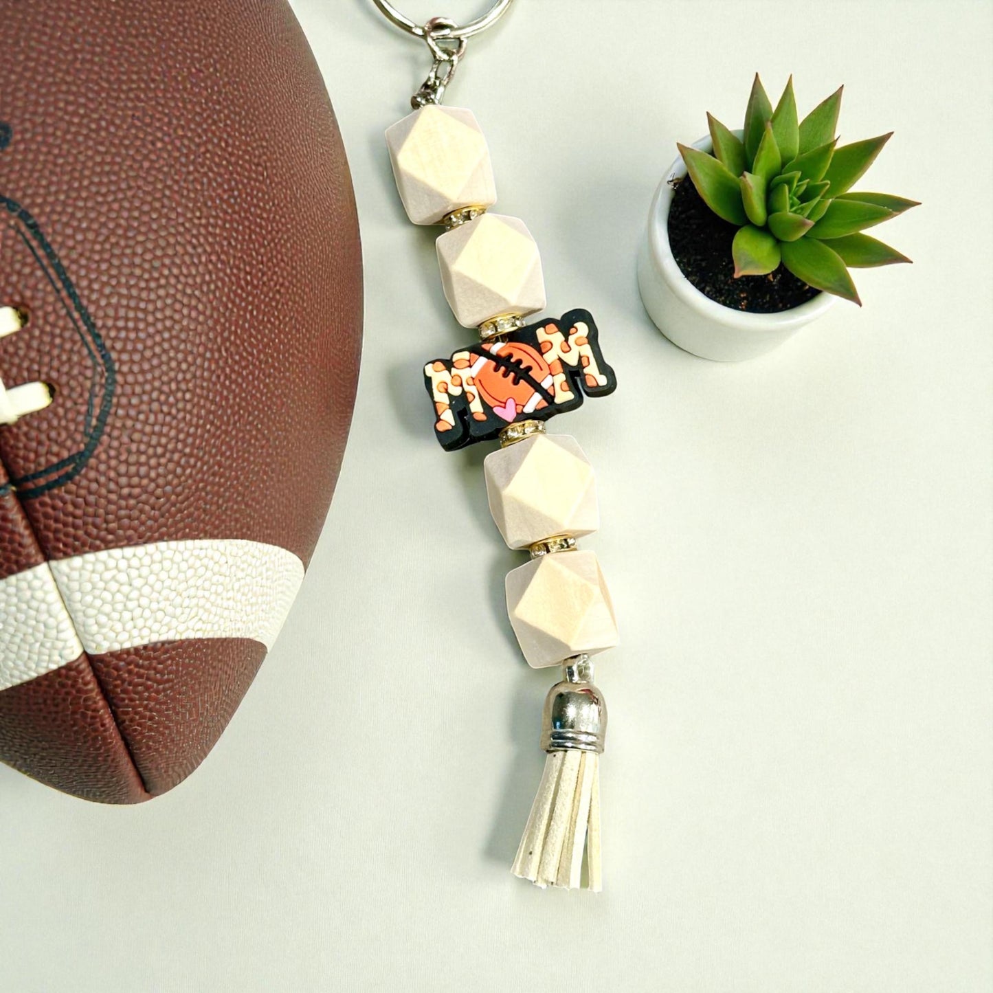 Football Mom Wood Bead Keychain -  Football Lovers; Cute Inspirational Gift