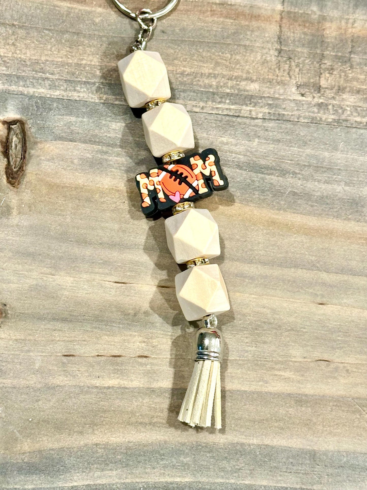 Football Mom Wood Bead Keychain -  Football Lovers; Cute Inspirational Gift