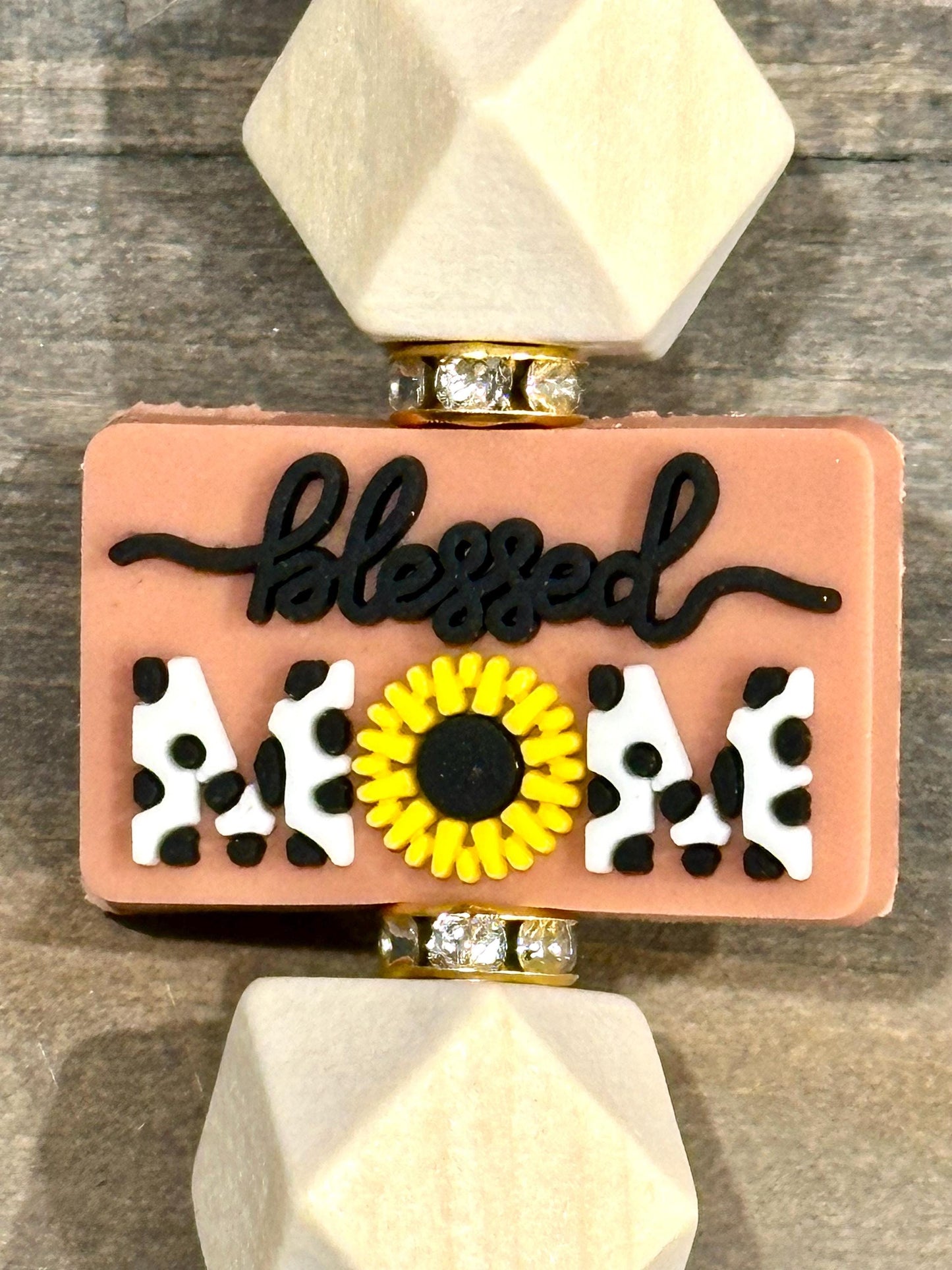 Blessed Mom Silicone Bead Keychain -  Cow Print; Cute Inspirational Gift