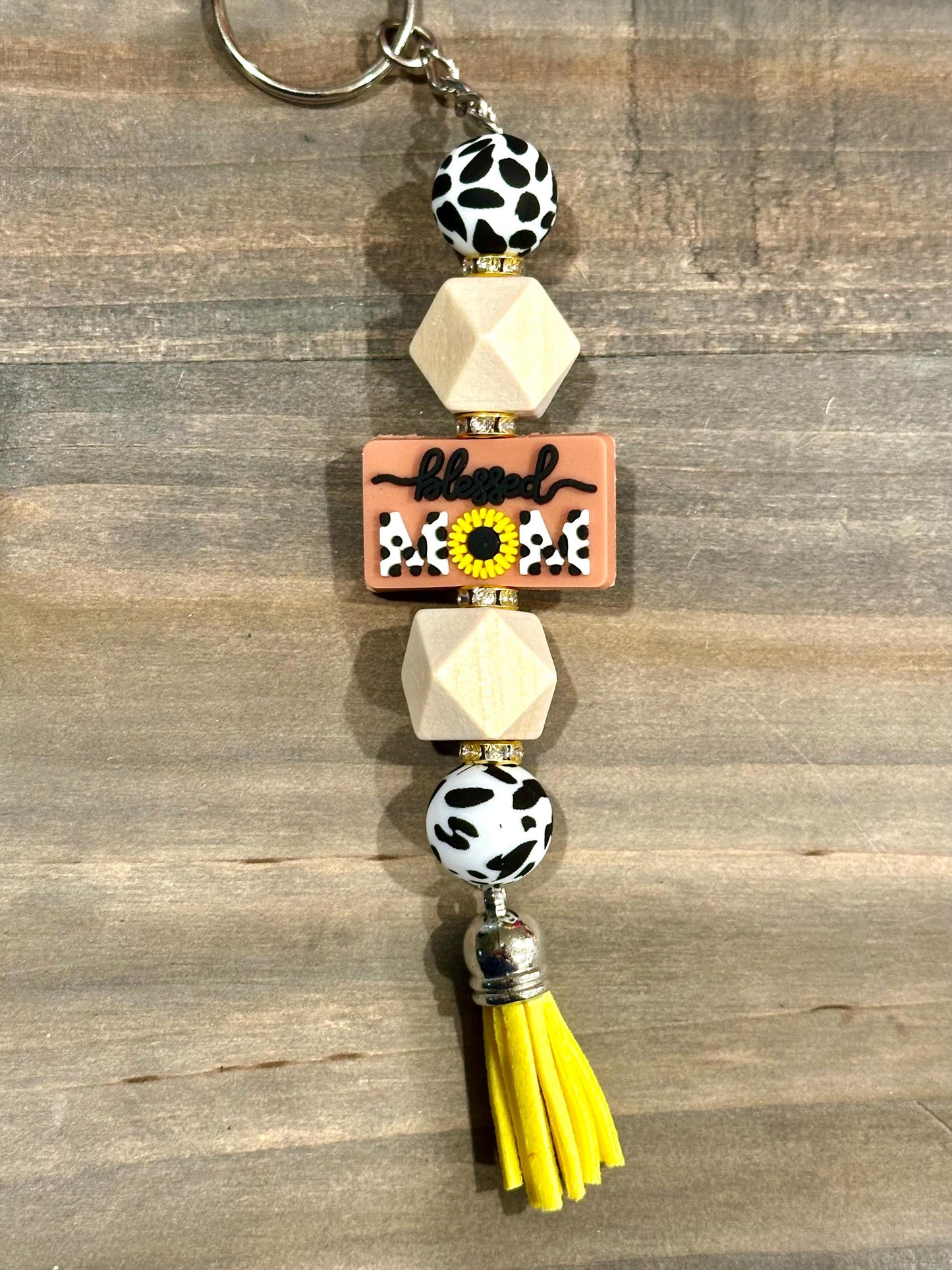 Blessed Mom Silicone Bead Keychain -  Cow Print; Cute Inspirational Gift