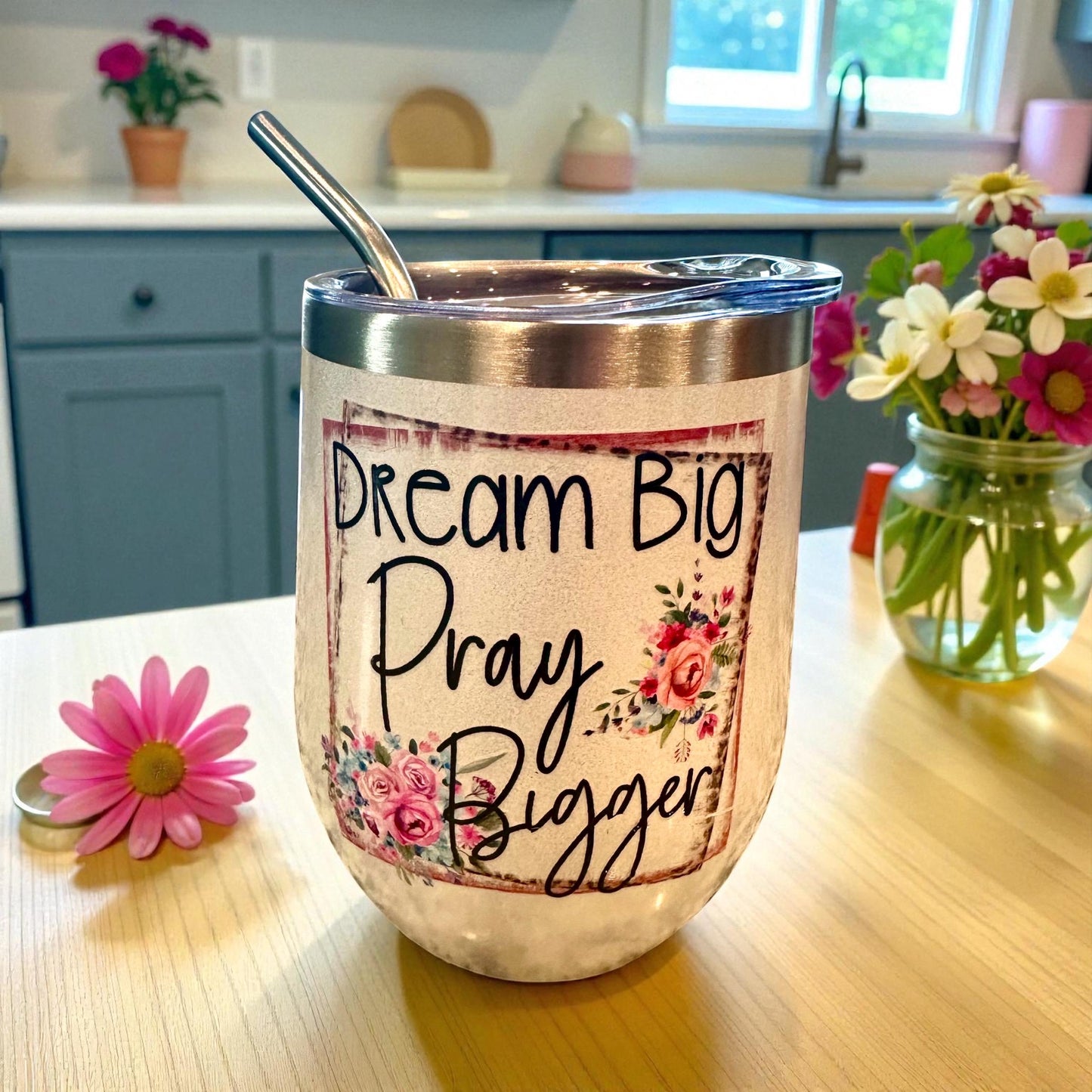 Dream Big Pray Bigger White Glitter Wine Tumbler; Coffee Cup; Stylish Cup; Motivational Gift; Inspirational Tumbler; Christian Gift