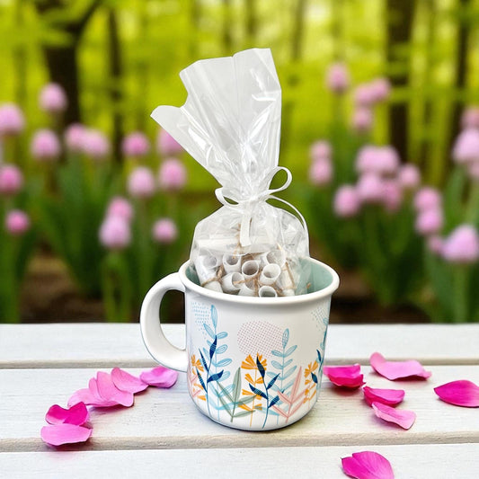 Beautiful Coffee Mug with 45 Inspirational Scrolled Messages - Colorful Flowers; Motivational Gift