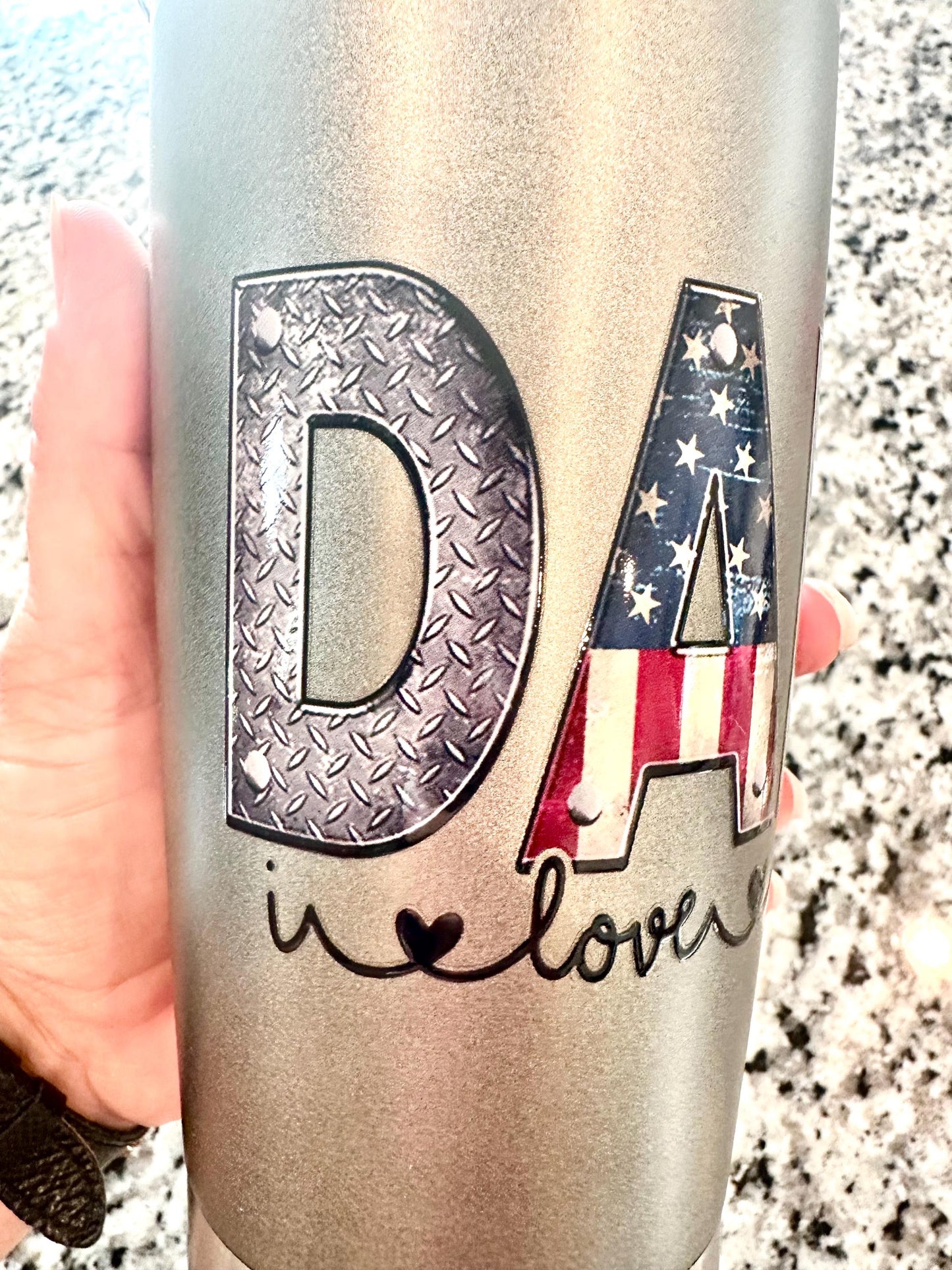 Dad in Patriotic and Military Print Stainless Steal 20oz Tumbler; Coffee Cup; Stylish Cup; Motivational Gift; Dad Gift