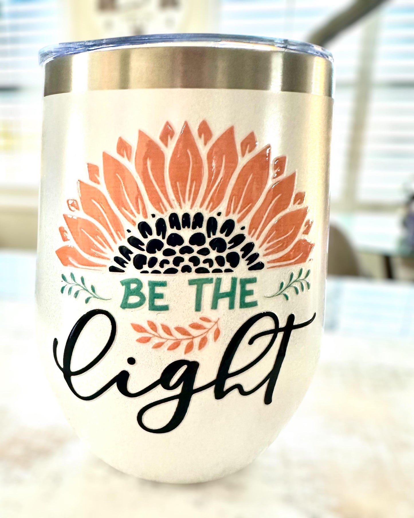 Be the Light Flower White Glitter Wine Tumbler; Coffee Cup; Stylish Cup; Motivational Gift; Inspirational Tumbler; Christian Gift