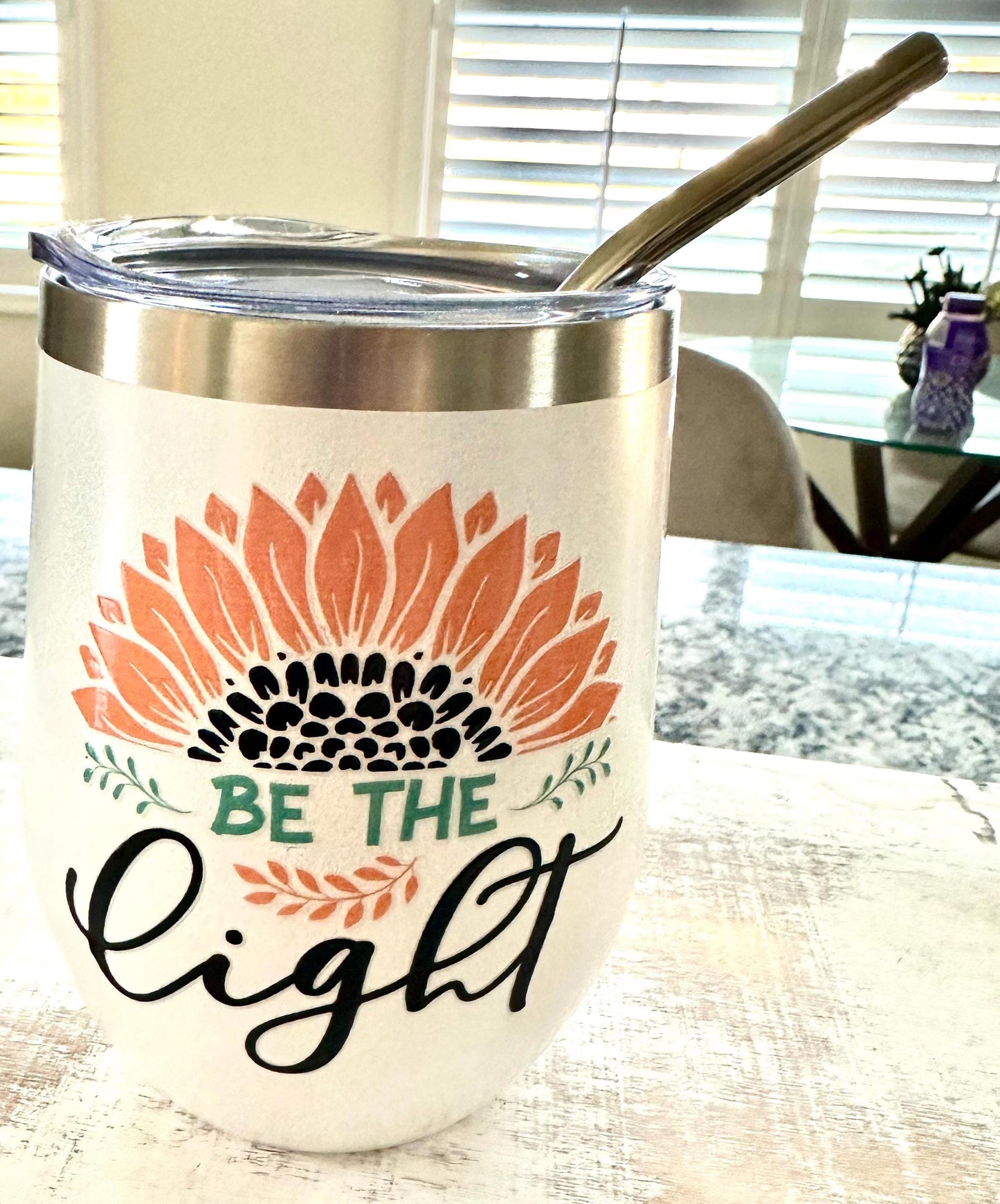 Be the Light Flower White Glitter Wine Tumbler; Coffee Cup; Stylish Cup; Motivational Gift; Inspirational Tumbler; Christian Gift