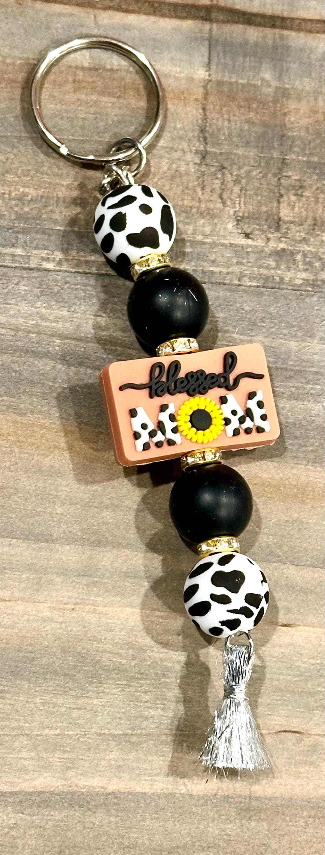 Blessed Mom Silicone Bead Keychain -  Cow Print; Cute Inspirational Gift