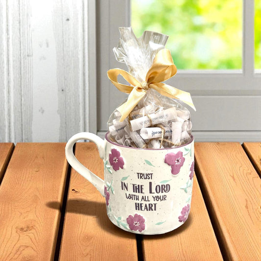 Beautiful Coffee Mug with 45 Scripture Scrolled Messages “Trust in the Lord with all your Heart” - Christian Gift; Faith Positively