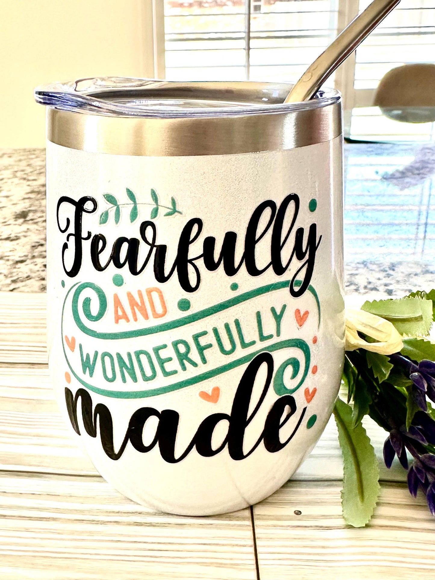 Fearfully and Wonderfully Made White Shimmer Wine Tumbler; Coffee Cup; Stylish Cup; Motivational Gift; Inspirational Tumbler; Christian Gift