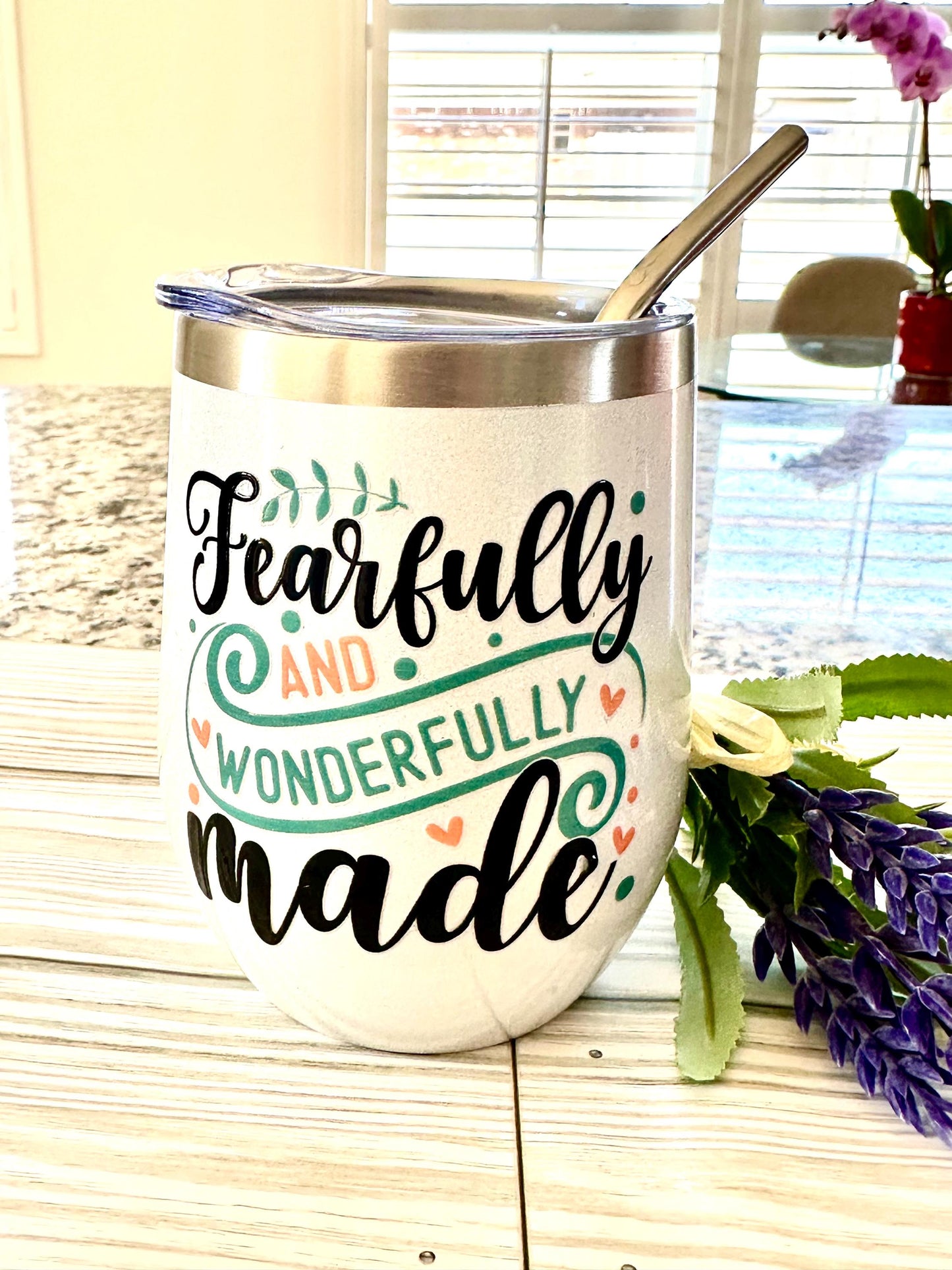 Fearfully and Wonderfully Made White Shimmer Wine Tumbler; Coffee Cup; Stylish Cup; Motivational Gift; Inspirational Tumbler; Christian Gift