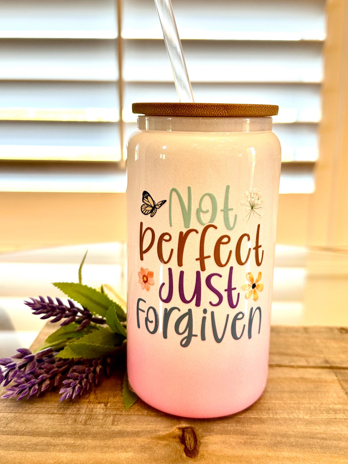 Not Perfect But Forgiven; Pink and White Iridescent Glitter 16oz Glass Cup Tumbler; Ice Coffee Cup; Christian Gift: Stylish Tumbler