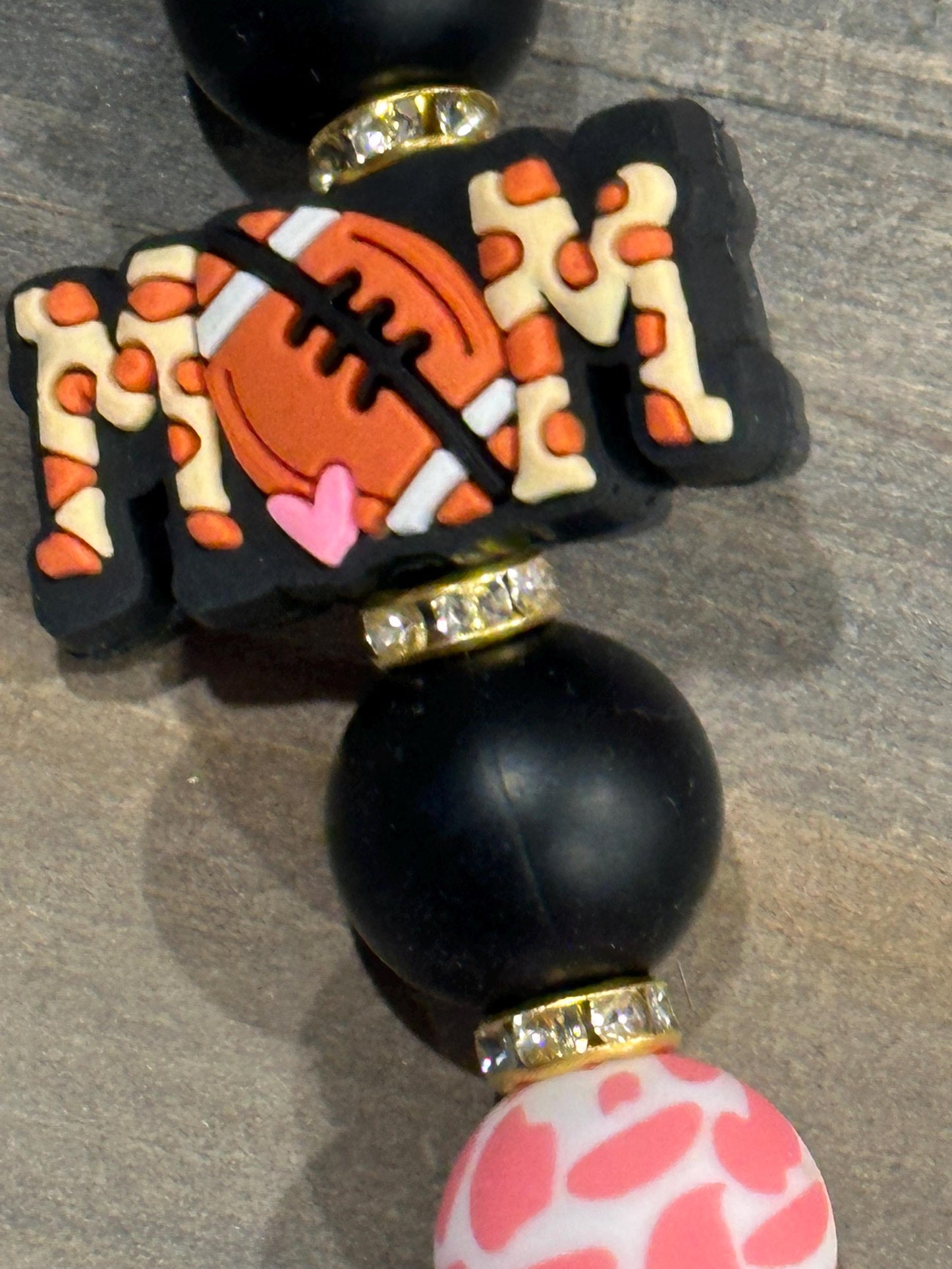 Football Mom Silicone Bead Keychain -  Cow Print; Cute Inspirational Gift