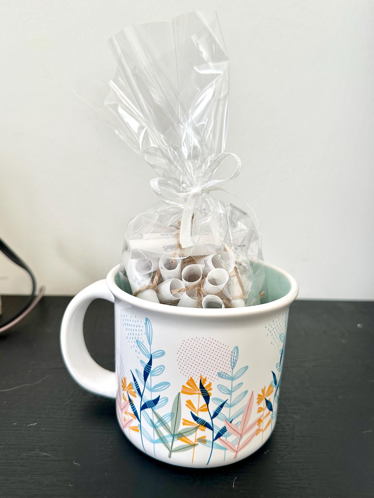 Beautiful Coffee Mug with 45 Inspirational Scrolled Messages - Colorful Flowers; Motivational Gift