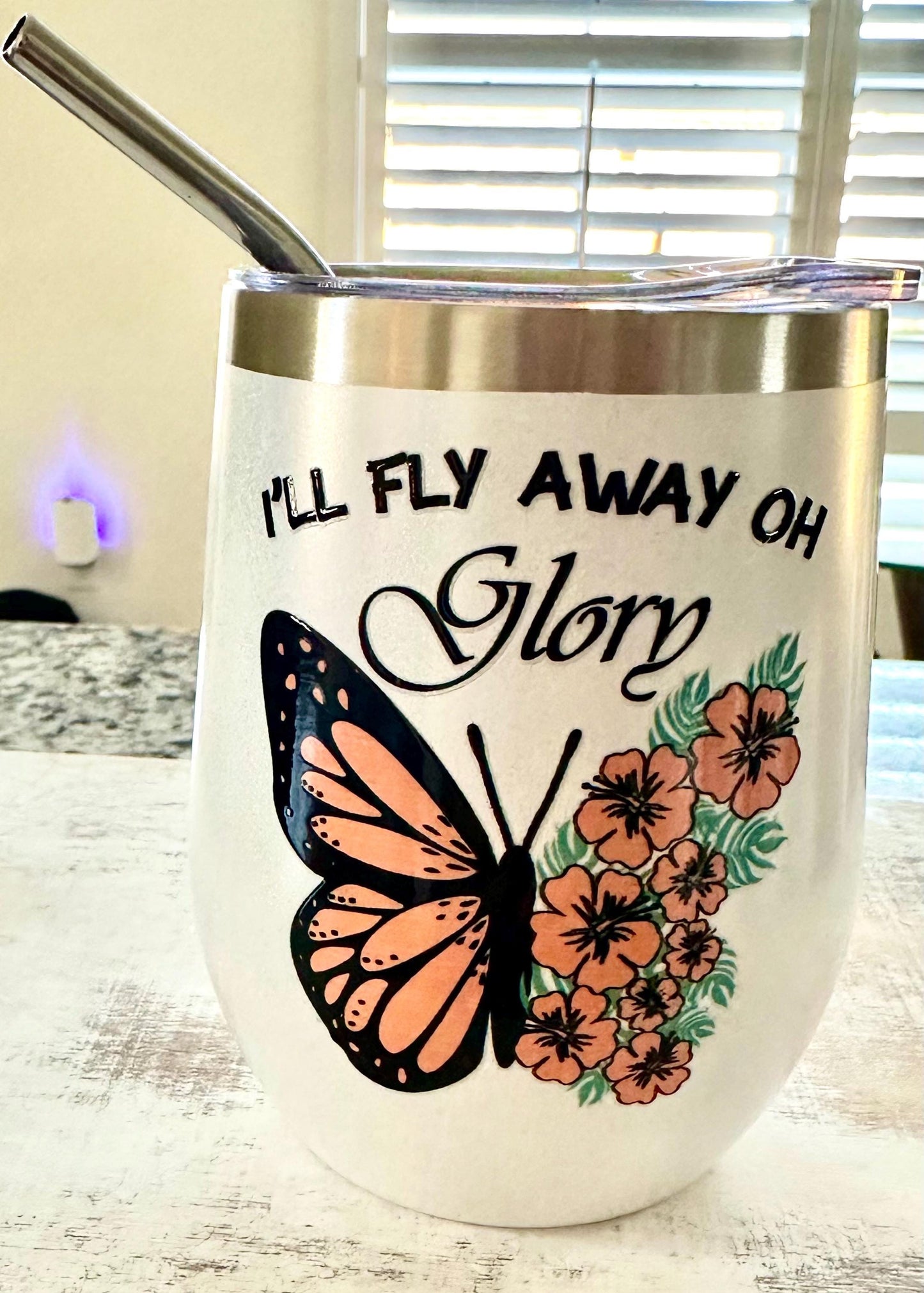 I’ll Fly Away Oh Glory White Glitter Wine Tumbler; Coffee Cup; Stylish Cup; Motivational Gift; Inspirational Tumbler; Christian Gift