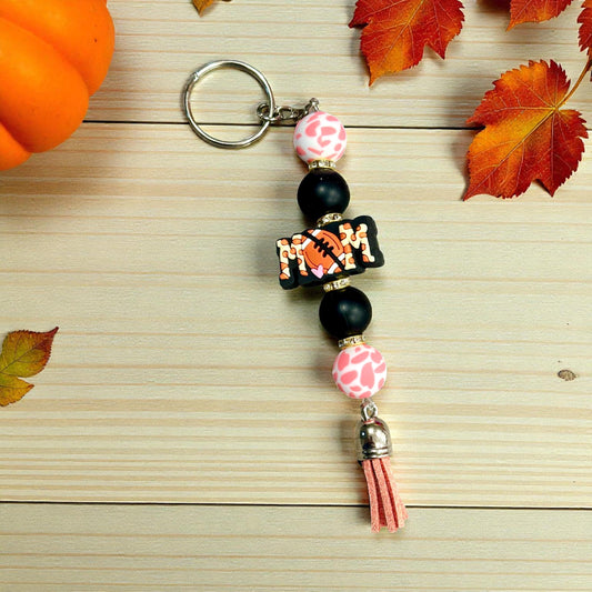 Football Mom Silicone Bead Keychain -  Cow Print; Cute Inspirational Gift