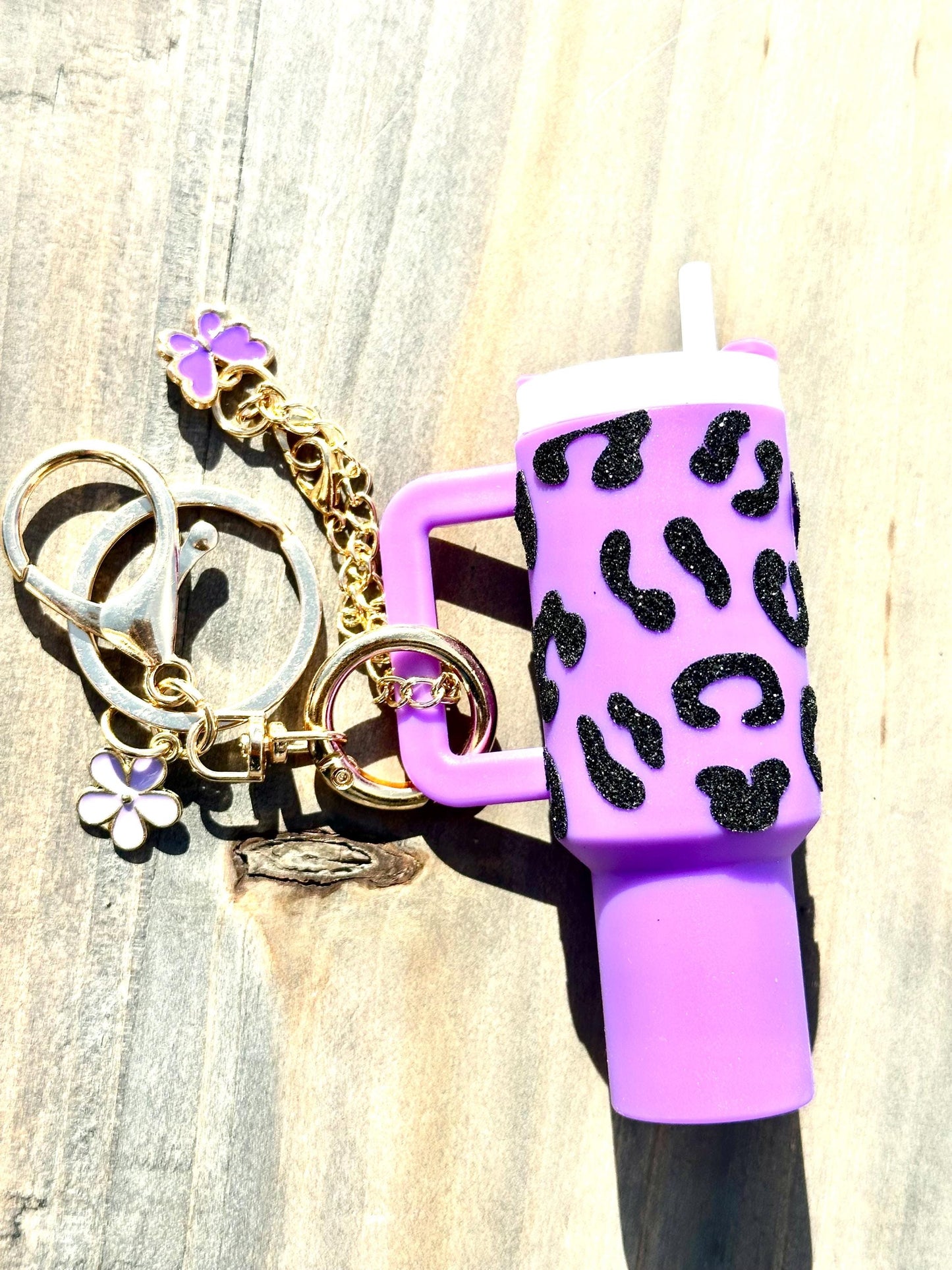 Mini Stanley Cup Keychain | Black Glitter Cheetah Print Vinyl + Charms | Handmade Tumbler Charm