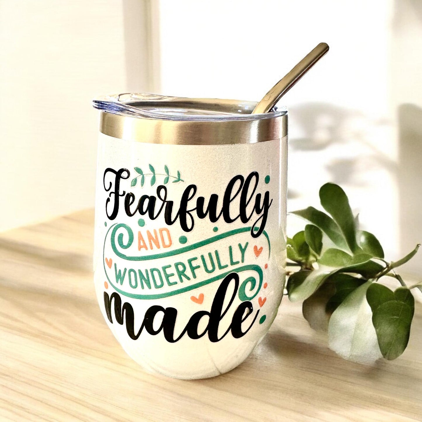 Fearfully and Wonderfully Made White Shimmer Wine Tumbler; Coffee Cup; Stylish Cup; Motivational Gift; Inspirational Tumbler; Christian Gift
