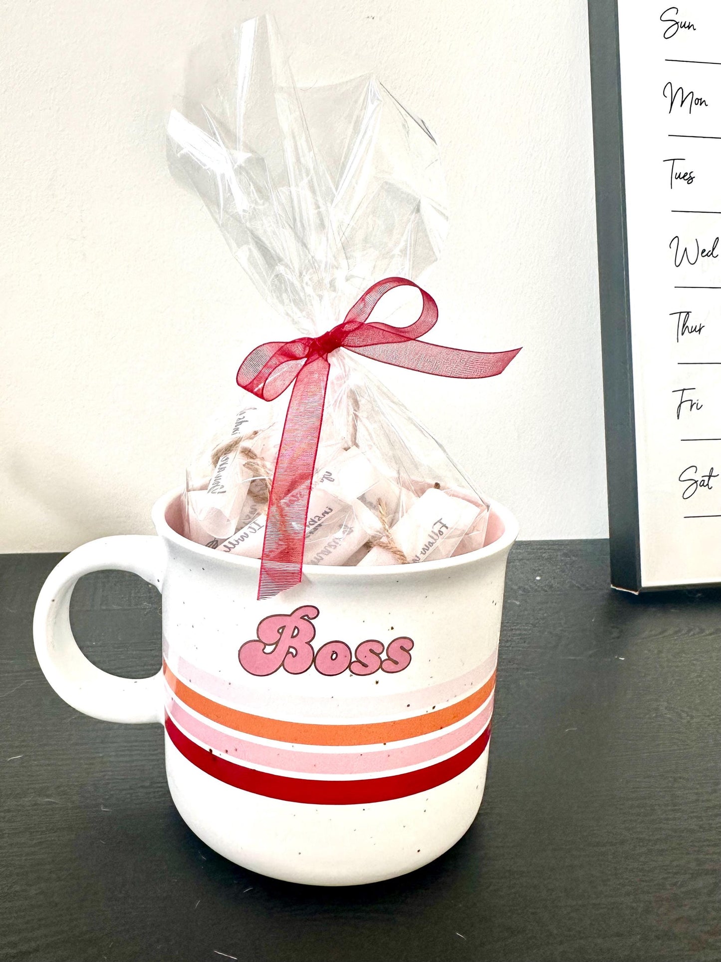 Beautiful Coffee Mug with 45 Inspirational Scrolled Messages “Boss” - Motivational Gift