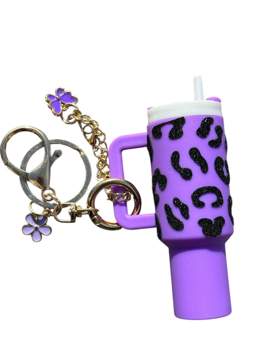 Mini Stanley Cup Keychain | Black Glitter Cheetah Print Vinyl + Charms | Handmade Tumbler Charm