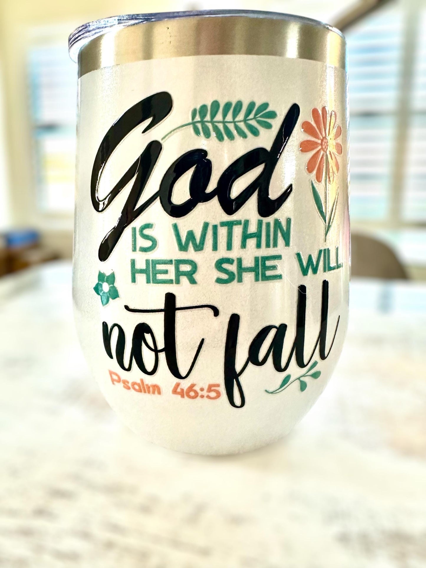 God is Within Her She Will Not Fall White Glitter Wine Tumbler; Coffee Cup; Stylish Cup; Motivational Gift; Inspirational Tumbler; Christian